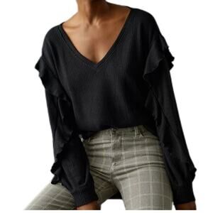 PILCRO Thermal Long Sleeve V Neck Ruffle Top Black Size XS